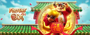 Ilustração de Fortune Ox com um boi dourado e elementos tradicionais chineses.