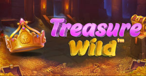 Floresta mística e baú de tesouro brilhante no slot Treasure Wild.