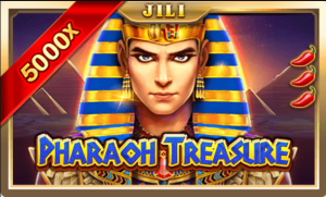 Caça-níqueis Pharaoh Treasure com símbolos egípcios e pirâmides ao fundo.